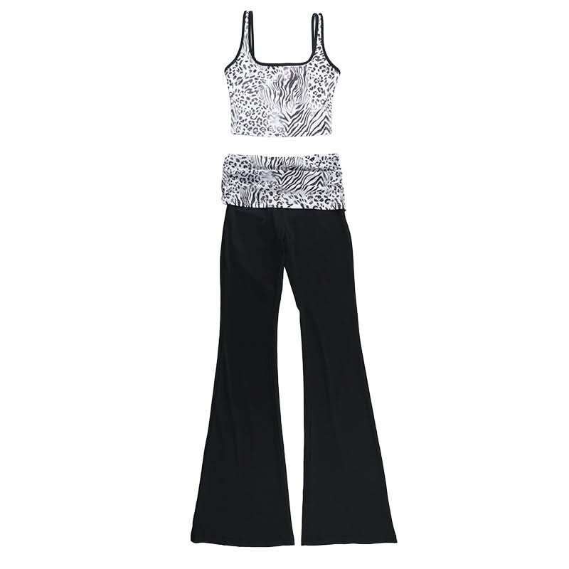 Chic Zebra Leopard Print Two-Piece Set for Women | Comfy Crop Tank Top & High-Waist Pants | Fall Athleisure Style