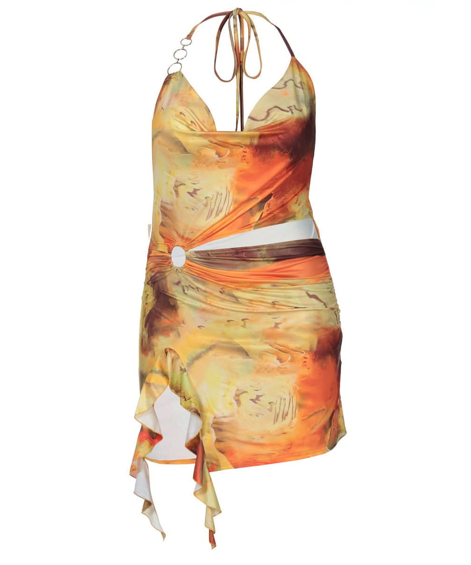 Sunset Serenade Halter Cutout Mini Dress - O-Ring Detail & Flowing Print for Fall Getaways