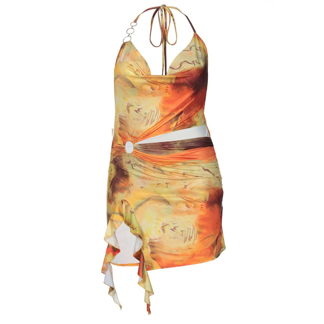 Sunset Serenade Halter Cutout Mini Dress - O-Ring Detail & Flowing Print for Fall Getaways