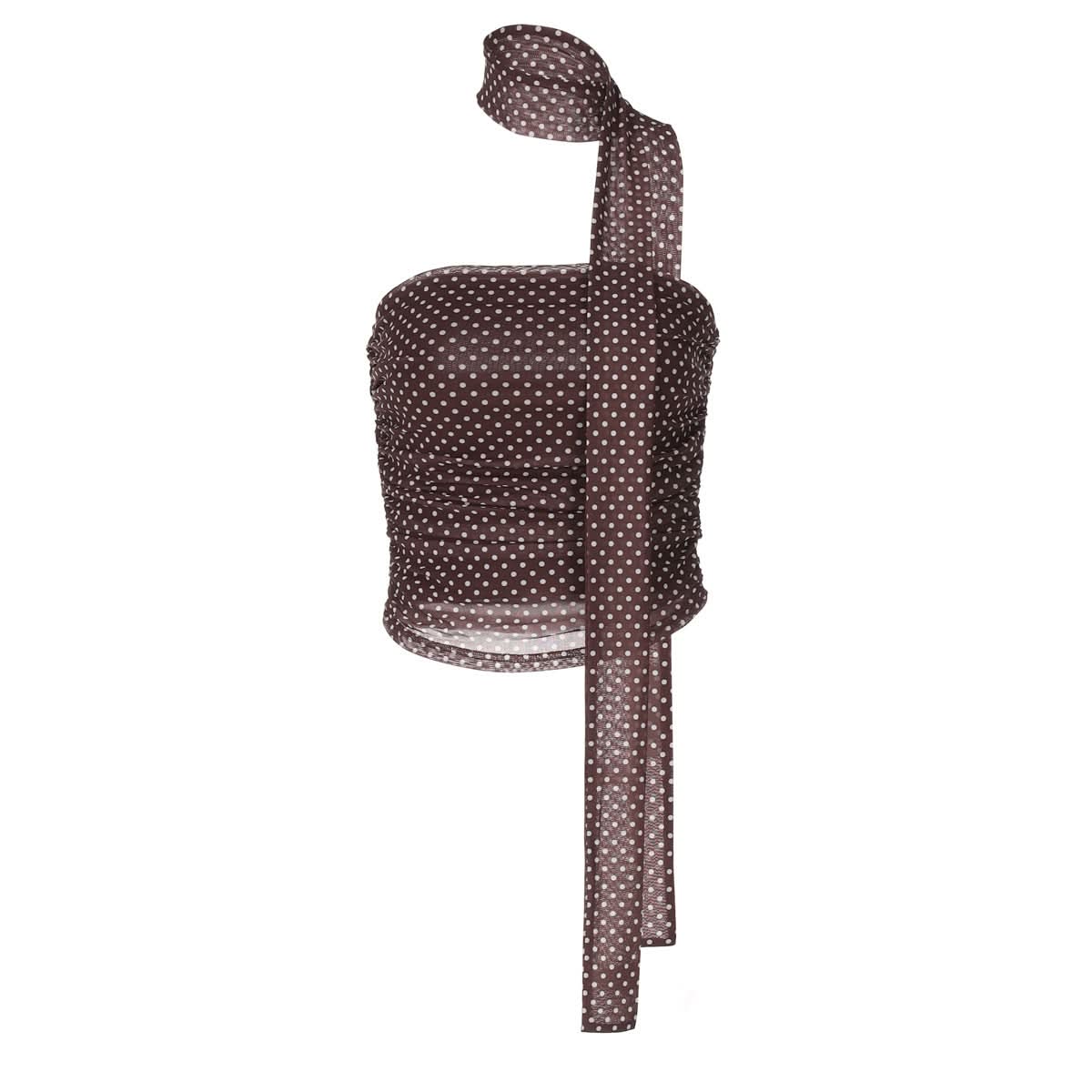 Chic Polka Dot Ruched Halter Tube Top with Multi-Way Tie – Your Go-To for Fall Nights & Y2K Style