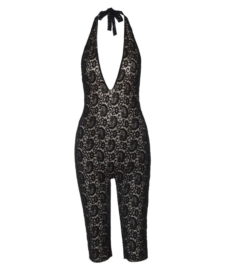 Alluring Black Paisley Lace Halter Romper - Deep V-Neck & Backless for Fall Allure