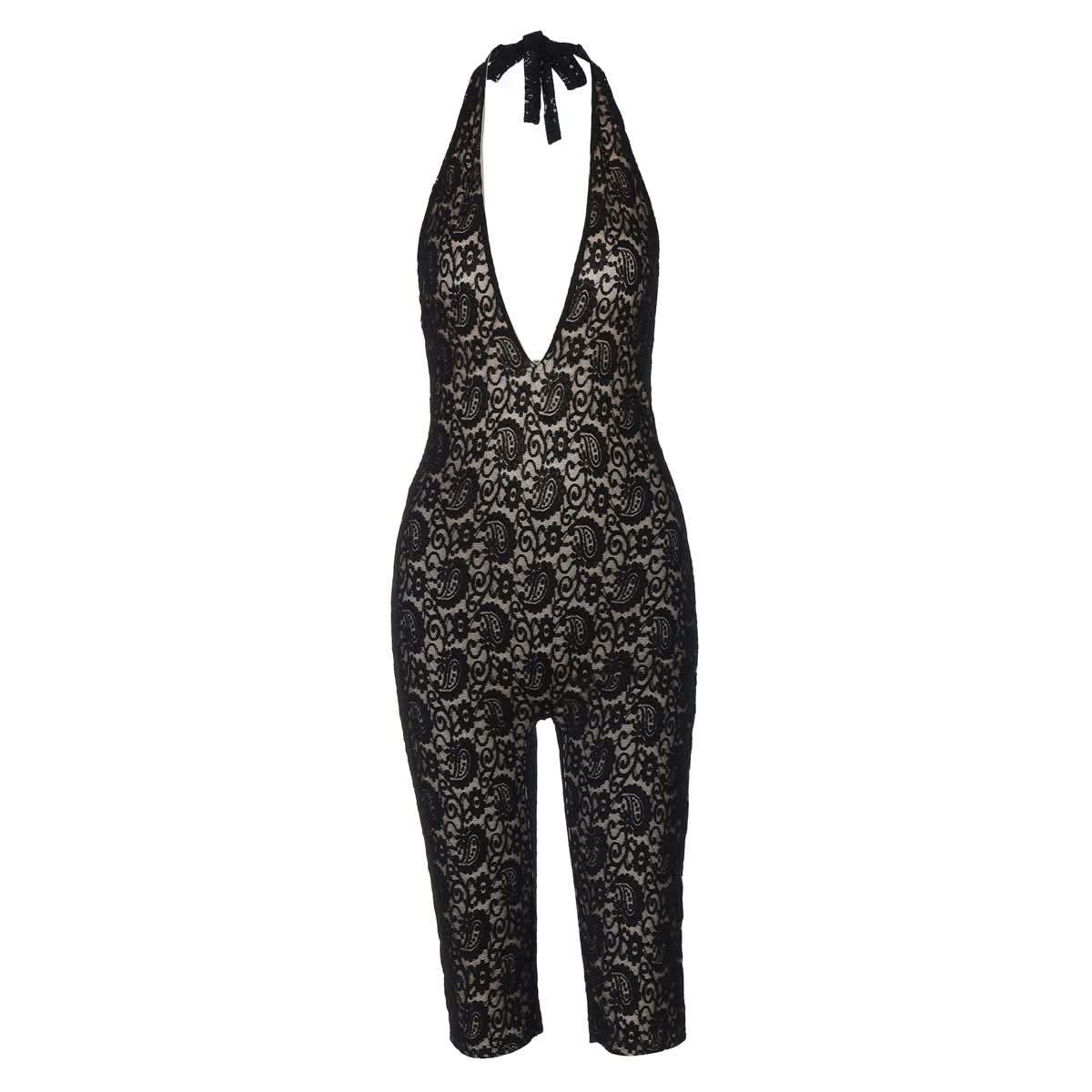 Alluring Black Paisley Lace Halter Romper - Deep V-Neck & Backless for Fall Allure