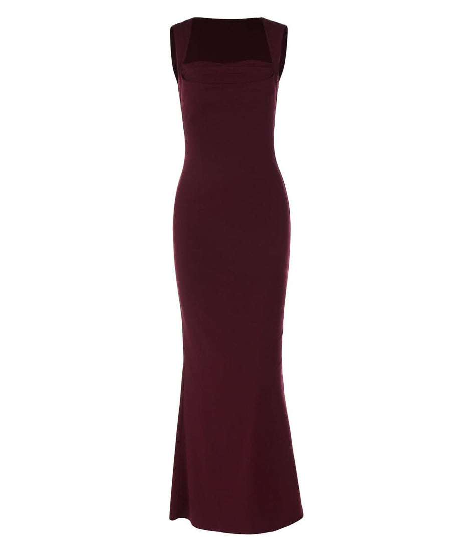 Elegant Wine Red Square Neck Maxi Dress - Flattering Gown for Fall & Holiday Soirees