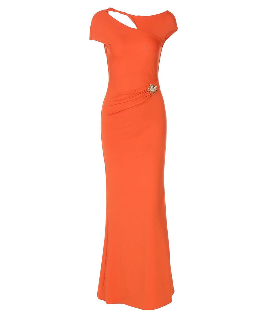 Ivory Asymmetrical Cutout Backless Maxi Gown – Elegant Ruched Waist & Brooch for Holiday & Winter Galas