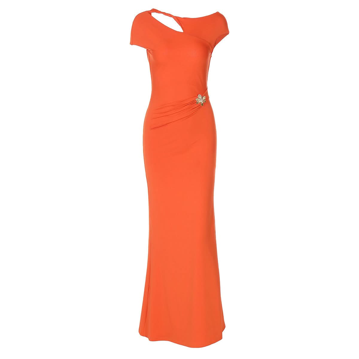 Ivory Asymmetrical Cutout Backless Maxi Gown – Elegant Ruched Waist & Brooch for Holiday & Winter Galas