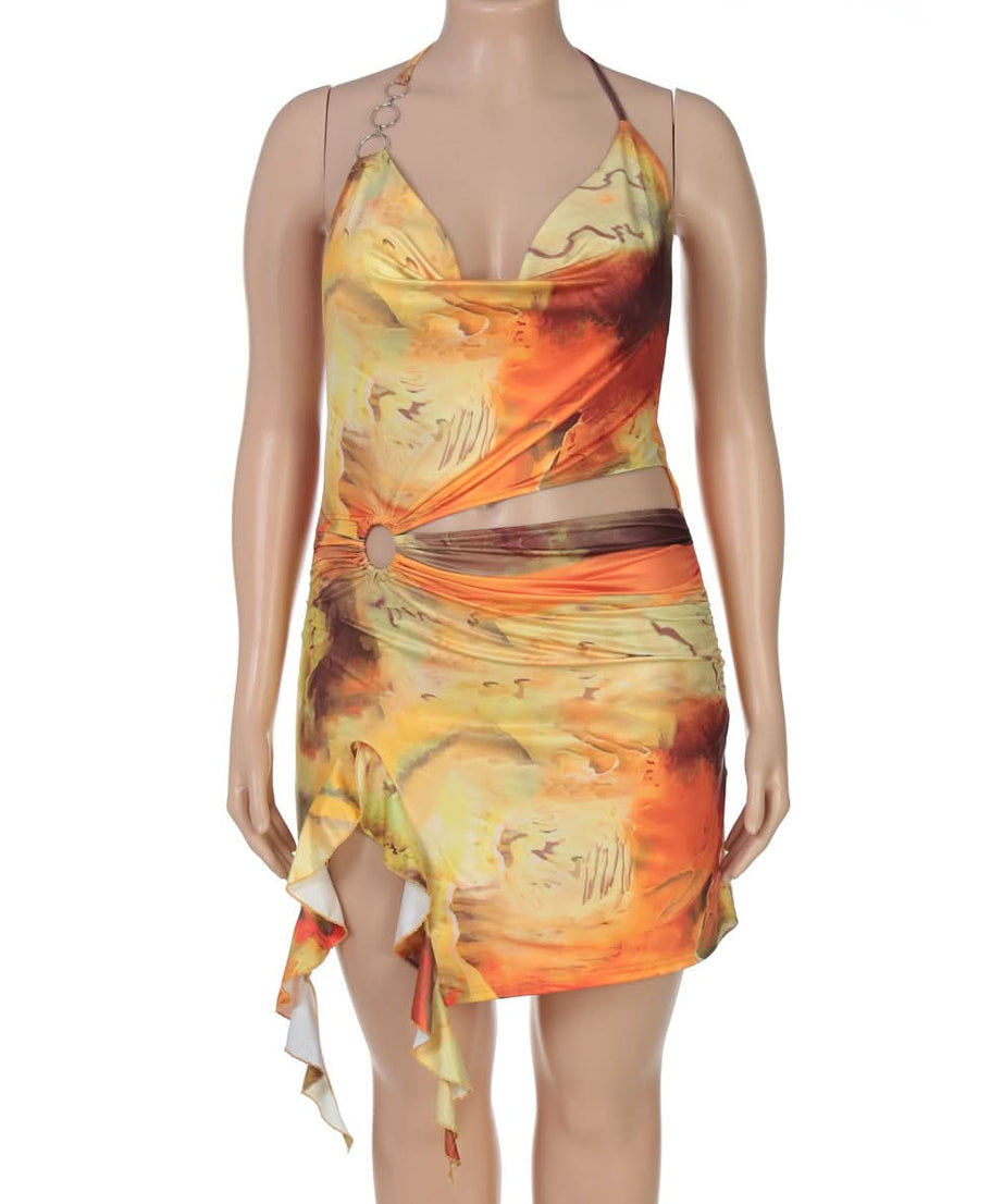 Sunset Serenade Halter Cutout Mini Dress - O-Ring Detail & Flowing Print for Fall Getaways