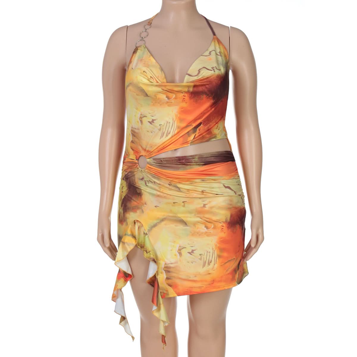 Sunset Serenade Halter Cutout Mini Dress - O-Ring Detail & Flowing Print for Fall Getaways