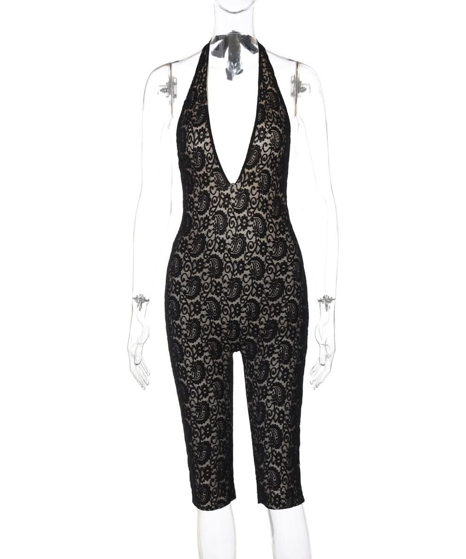 Alluring Black Paisley Lace Halter Romper - Deep V-Neck & Backless for Fall Allure
