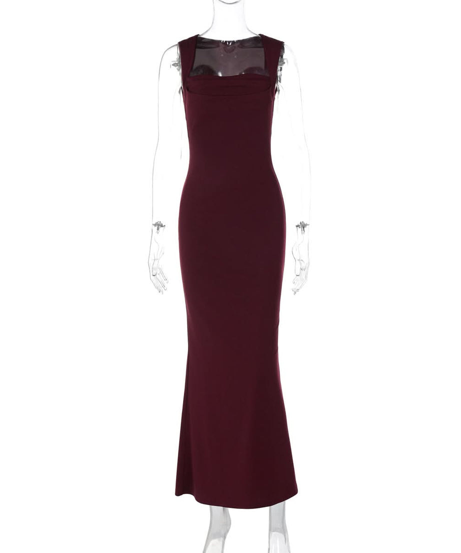 Elegant Wine Red Square Neck Maxi Dress - Flattering Gown for Fall & Holiday Soirees