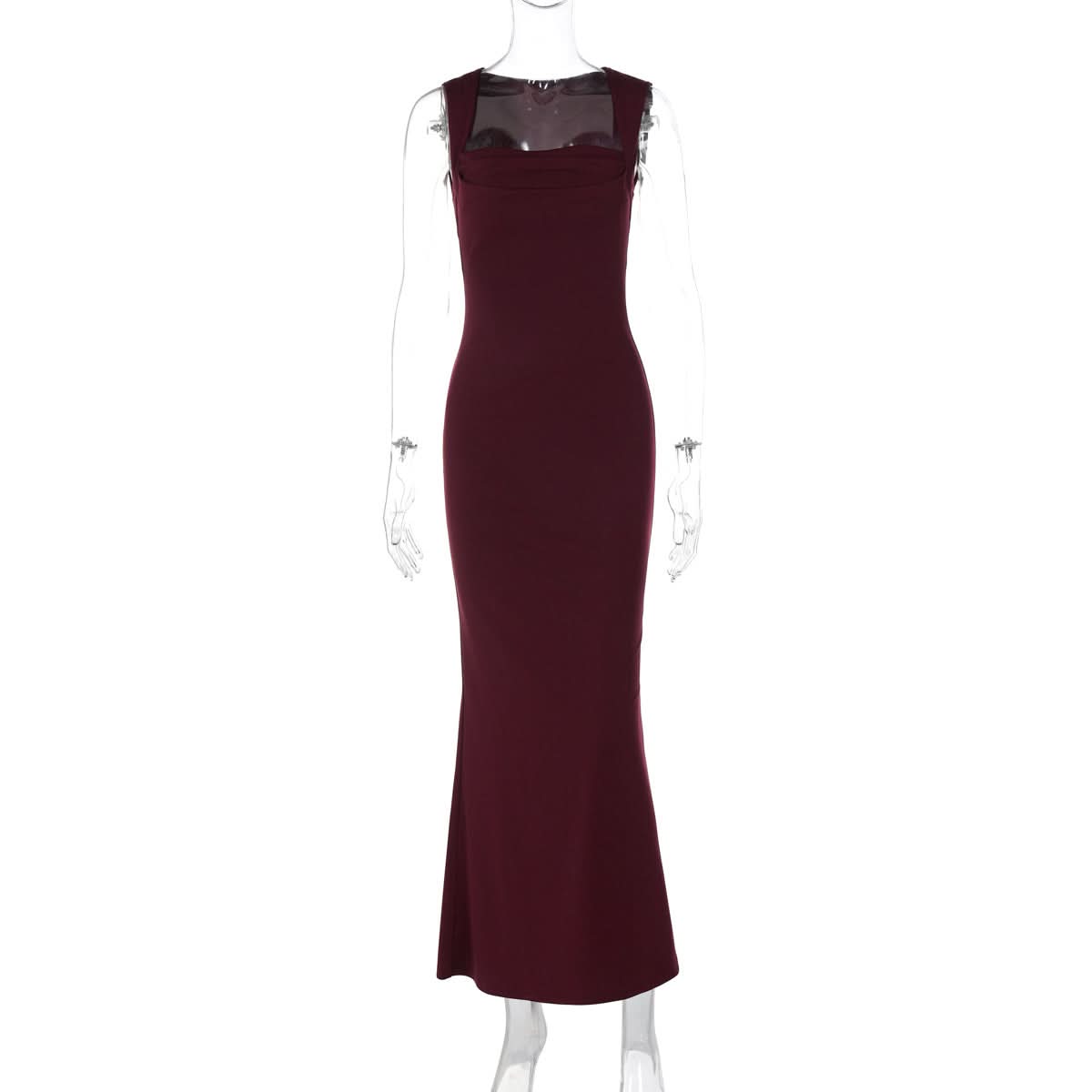 Elegant Wine Red Square Neck Maxi Dress - Flattering Gown for Fall & Holiday Soirees
