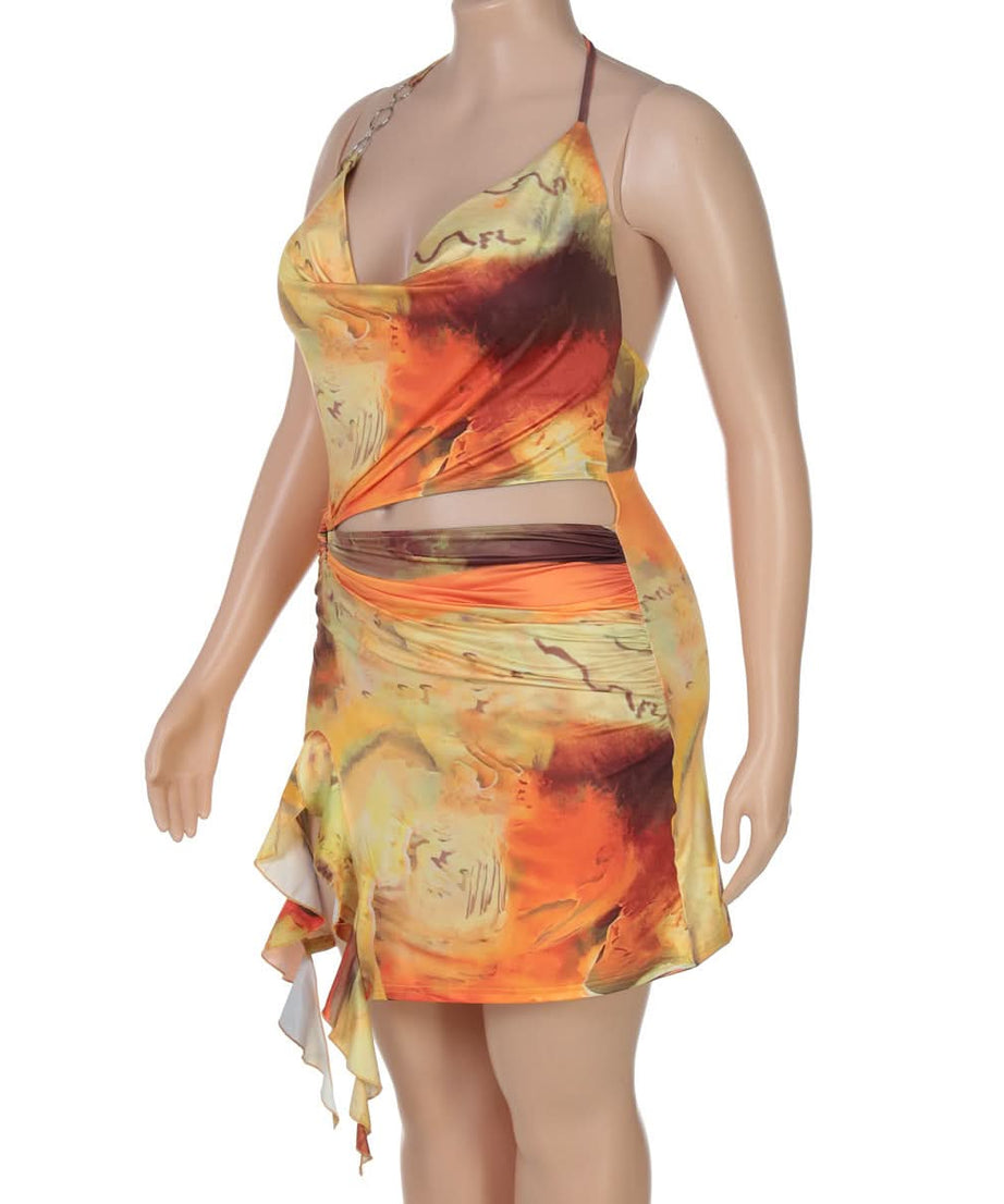 Sunset Serenade Halter Cutout Mini Dress - O-Ring Detail & Flowing Print for Fall Getaways