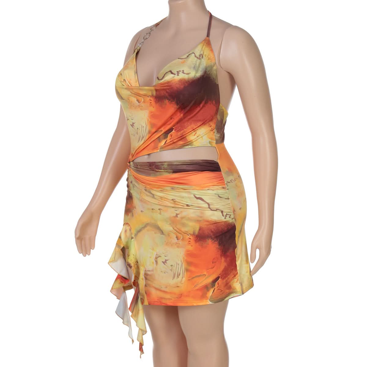Sunset Serenade Halter Cutout Mini Dress - O-Ring Detail & Flowing Print for Fall Getaways