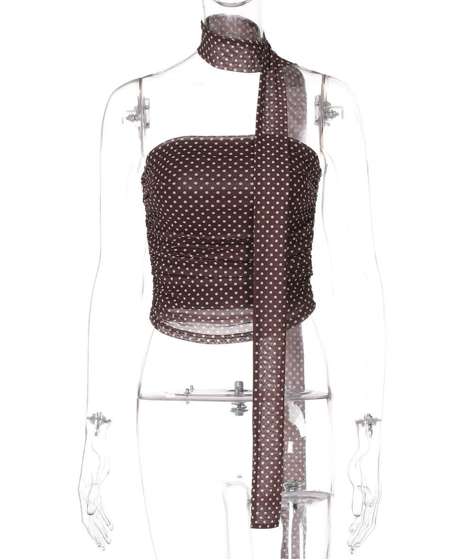 Chic Polka Dot Ruched Halter Tube Top with Multi-Way Tie – Your Go-To for Fall Nights & Y2K Style