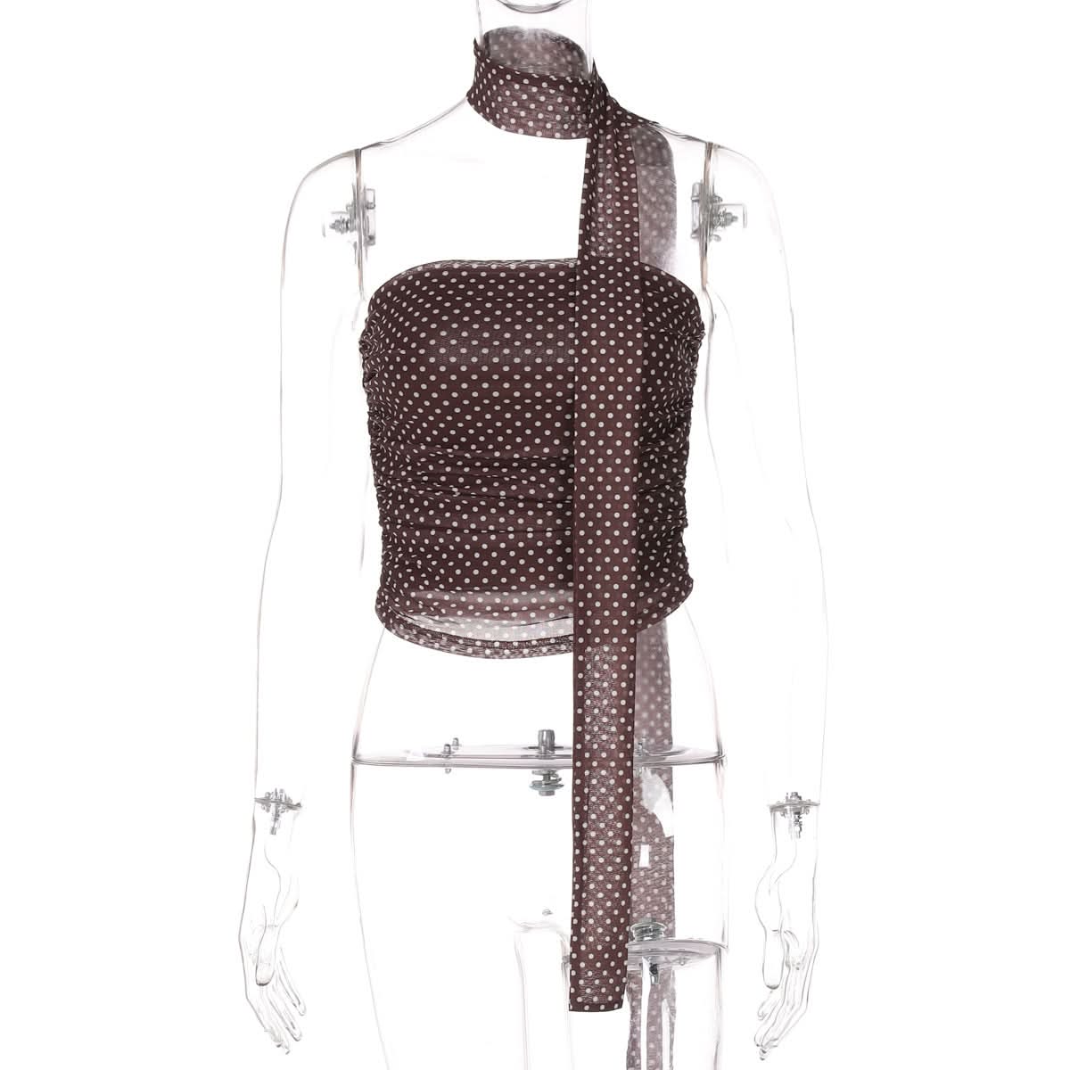 Chic Polka Dot Ruched Halter Tube Top with Multi-Way Tie – Your Go-To for Fall Nights & Y2K Style