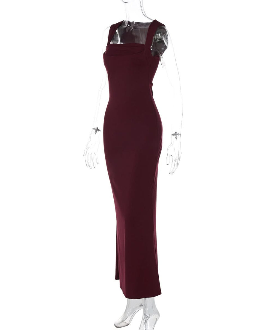 Elegant Wine Red Square Neck Maxi Dress - Flattering Gown for Fall & Holiday Soirees