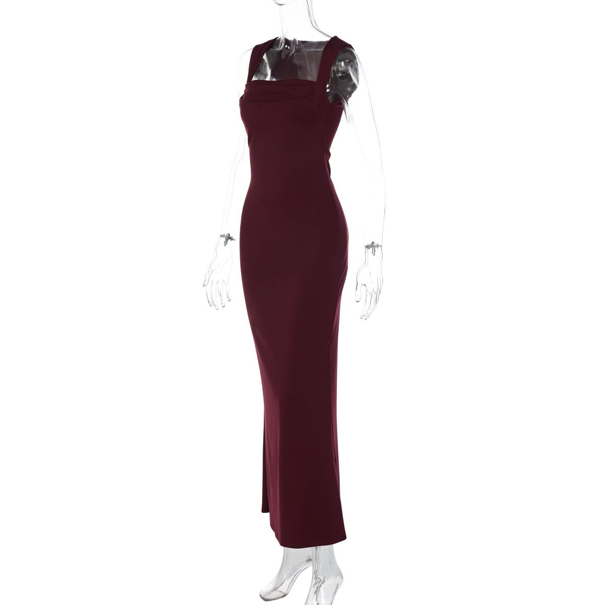 Elegant Wine Red Square Neck Maxi Dress - Flattering Gown for Fall & Holiday Soirees