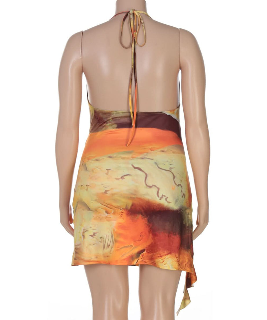 Sunset Serenade Halter Cutout Mini Dress - O-Ring Detail & Flowing Print for Fall Getaways