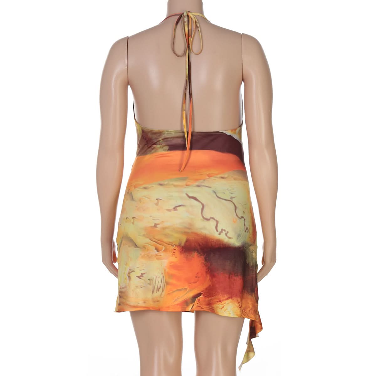 Sunset Serenade Halter Cutout Mini Dress - O-Ring Detail & Flowing Print for Fall Getaways