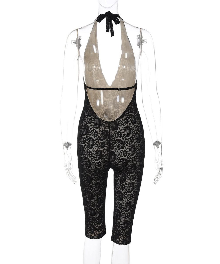 Alluring Black Paisley Lace Halter Romper - Deep V-Neck & Backless for Fall Allure