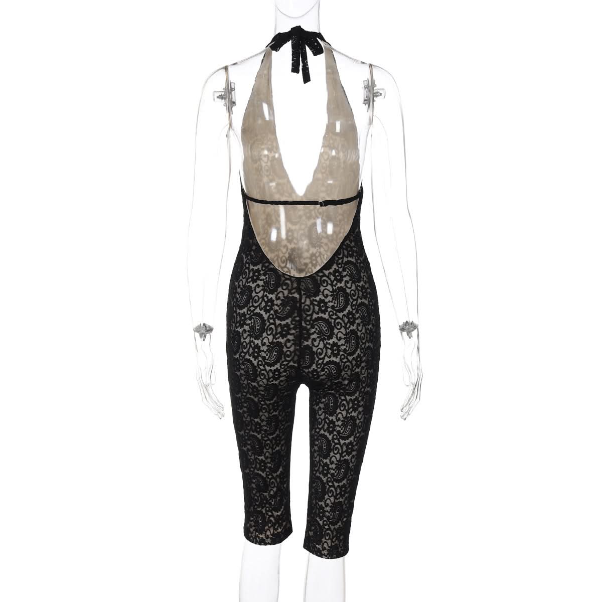 Alluring Black Paisley Lace Halter Romper - Deep V-Neck & Backless for Fall Allure