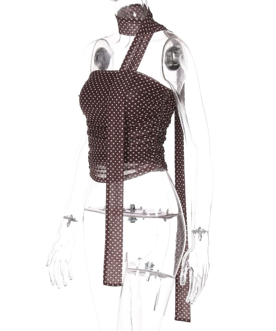 Chic Polka Dot Ruched Halter Tube Top with Multi-Way Tie – Your Go-To for Fall Nights & Y2K Style