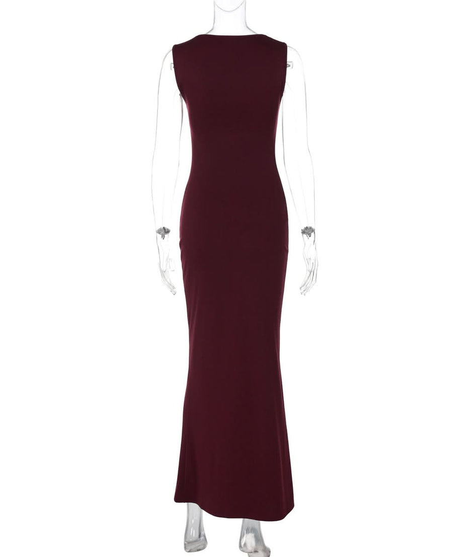 Elegant Wine Red Square Neck Maxi Dress - Flattering Gown for Fall & Holiday Soirees