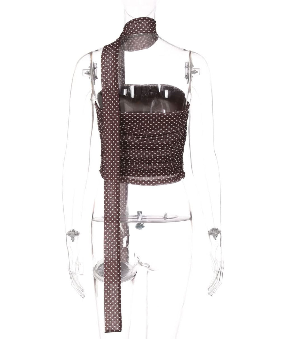 Chic Polka Dot Ruched Halter Tube Top with Multi-Way Tie – Your Go-To for Fall Nights & Y2K Style