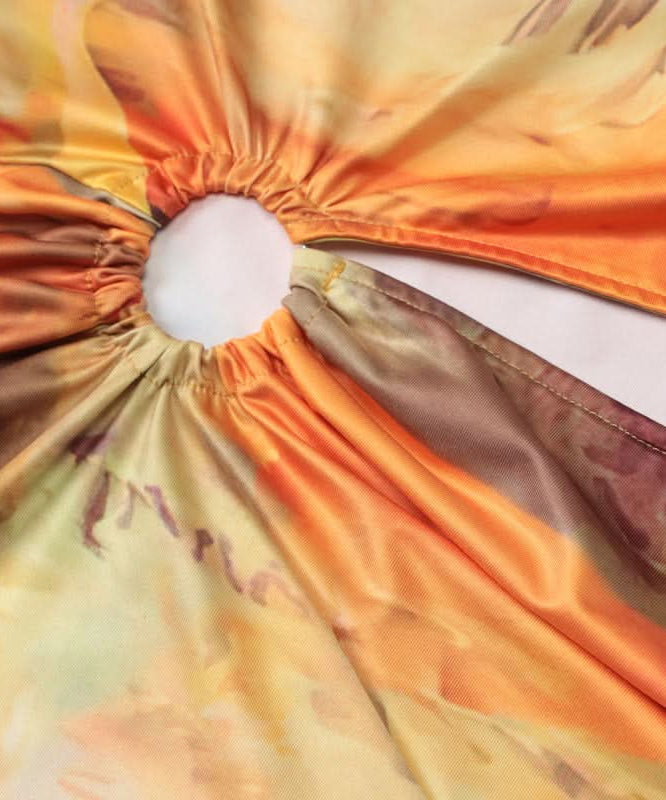 Sunset Serenade Halter Cutout Mini Dress - O-Ring Detail & Flowing Print for Fall Getaways