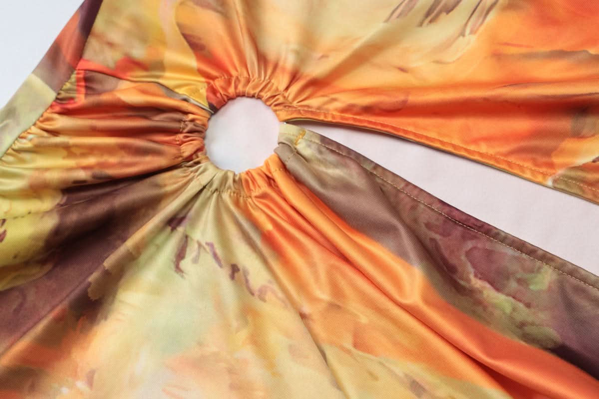 Sunset Serenade Halter Cutout Mini Dress - O-Ring Detail & Flowing Print for Fall Getaways