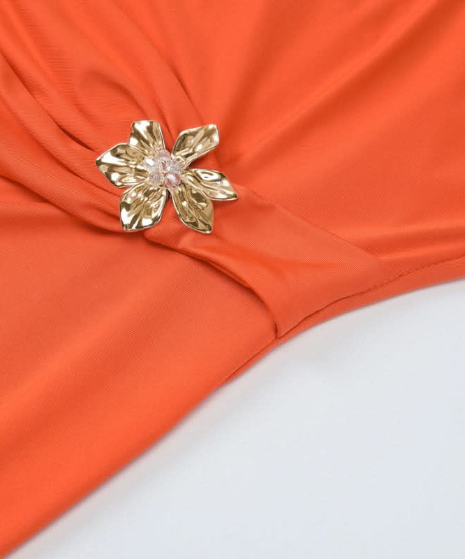 Ivory Asymmetrical Cutout Backless Maxi Gown – Elegant Ruched Waist & Brooch for Holiday & Winter Galas