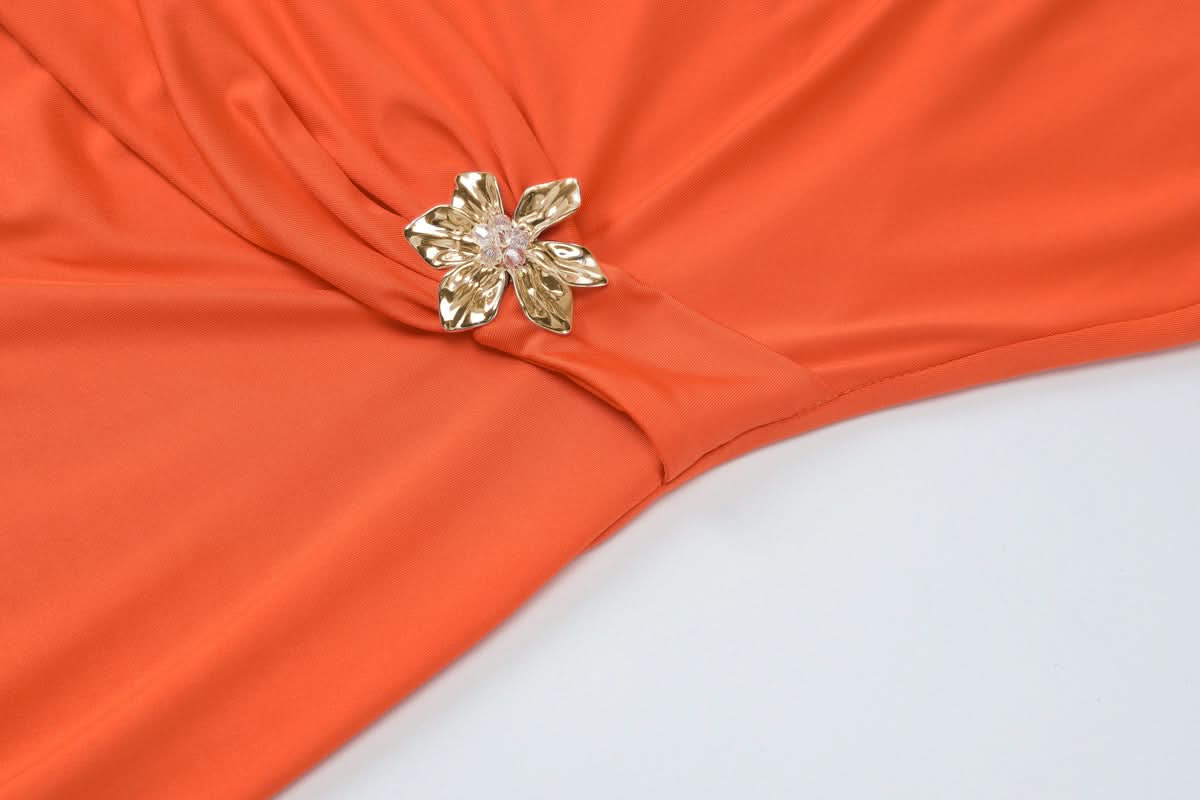 Ivory Asymmetrical Cutout Backless Maxi Gown – Elegant Ruched Waist & Brooch for Holiday & Winter Galas