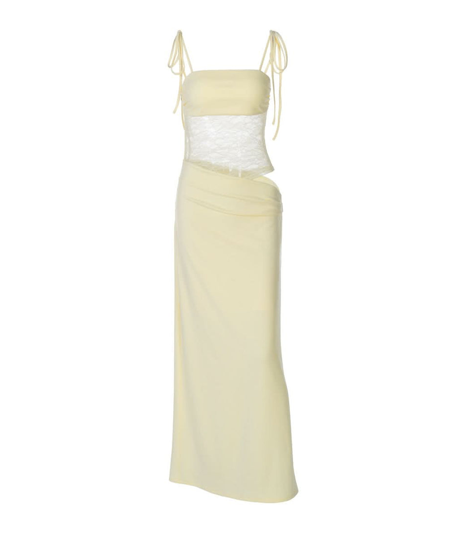 Effortless Elegance: Pale Yellow Sheer Lace Cutout Maxi Gown - Fall & Holiday Soiree Ready