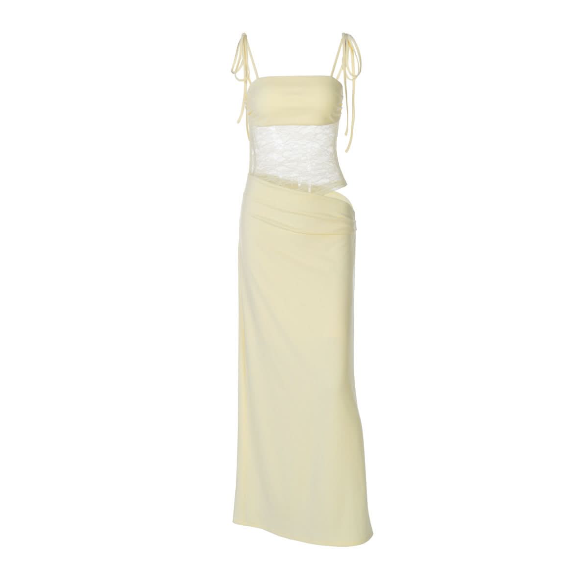 Effortless Elegance: Pale Yellow Sheer Lace Cutout Maxi Gown - Fall & Holiday Soiree Ready