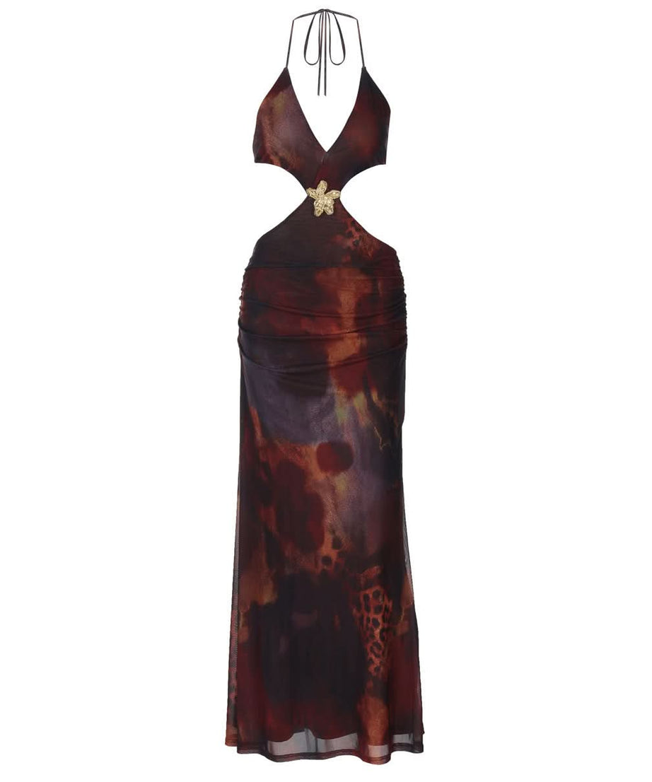 Twilight Bloom Halter Cut-Out Maxi Dress - Fall Gala & Party Ready