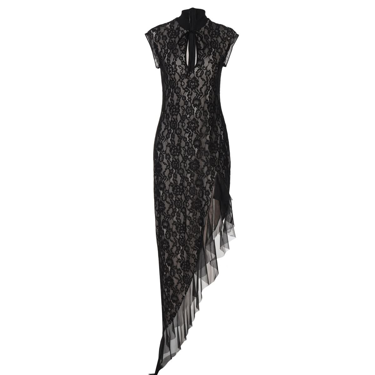 Sophisticated Black Lace Cheongsam-Inspired Maxi Dress - Fall & Holiday Party Ready