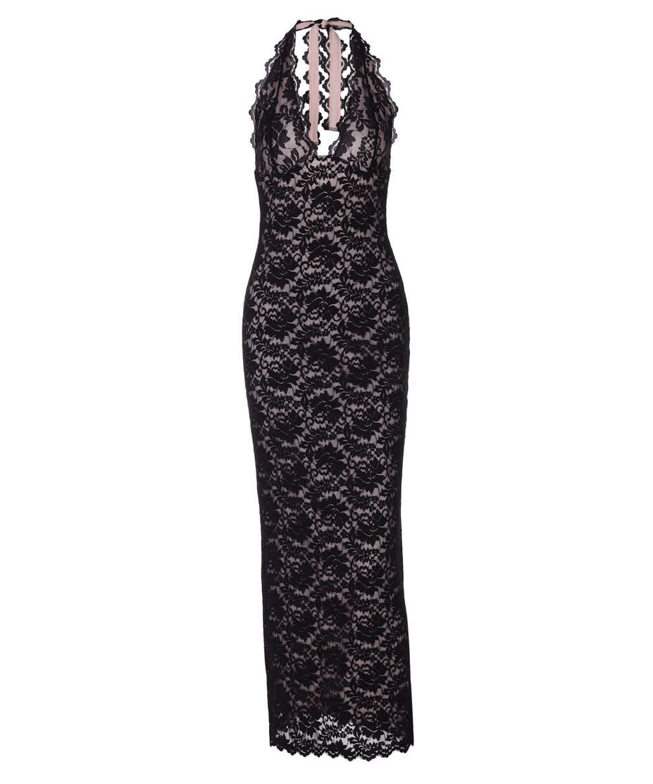 Sophisticated Black Lace Halter V-Neck Maxi Dress - Elegant Fall & Holiday Party Ready