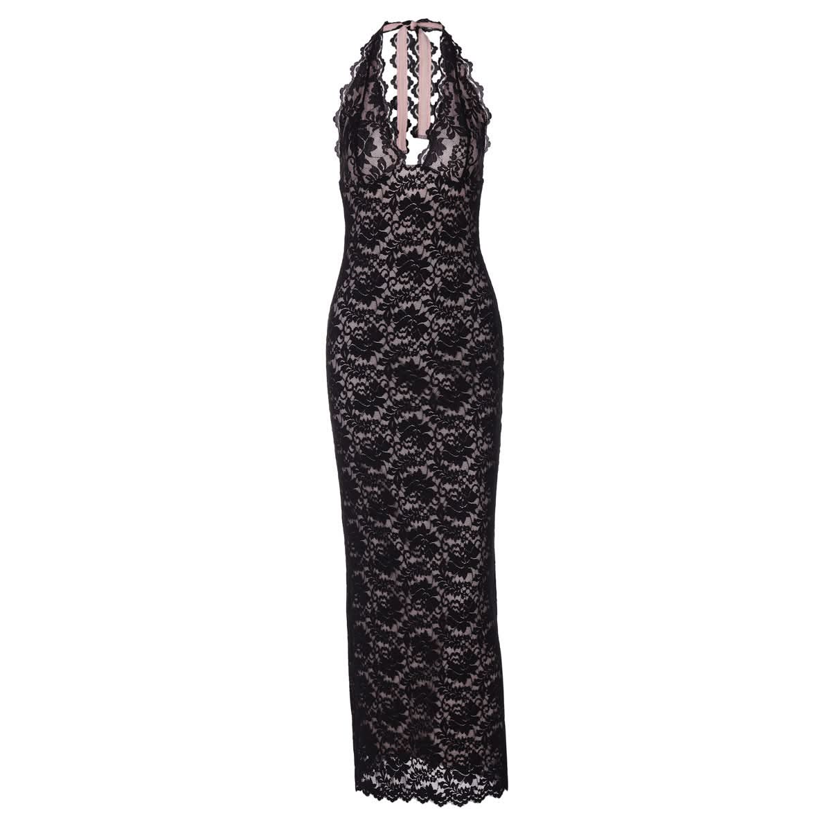 Sophisticated Black Lace Halter V-Neck Maxi Dress - Elegant Fall & Holiday Party Ready