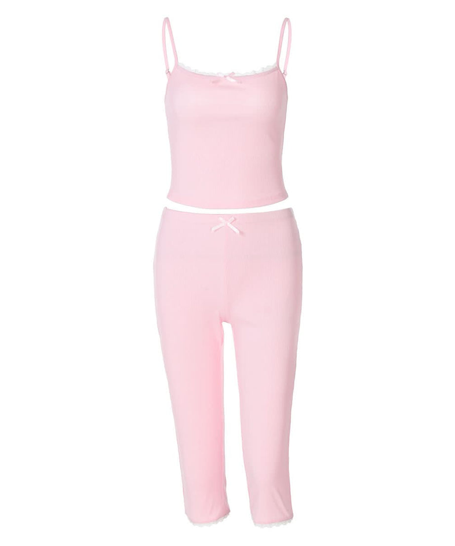 Dreamy Pink Ribbed Cami & Capri Loungewear Set | Cozy Fall Comfort with Lace & Bows
