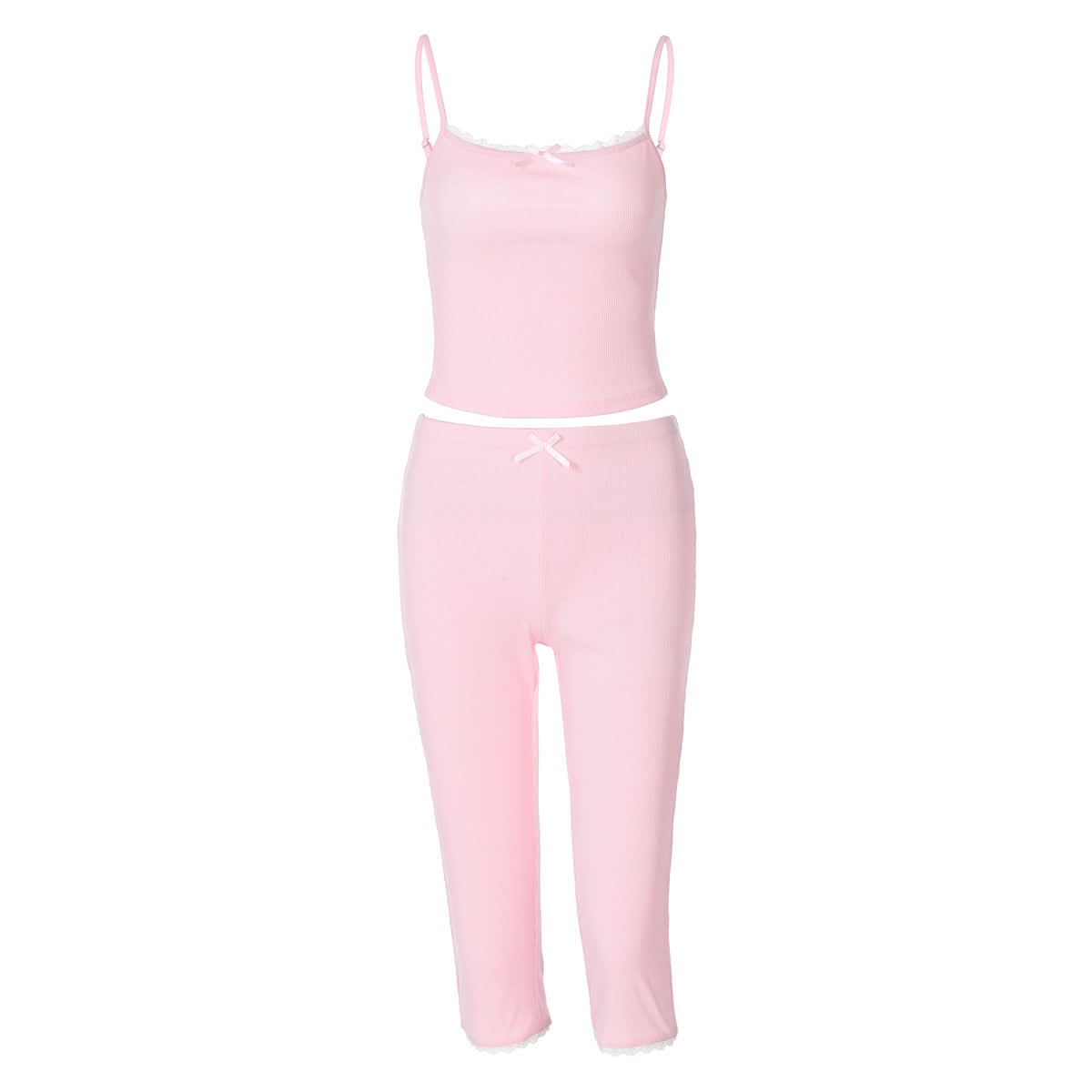 Dreamy Pink Ribbed Cami & Capri Loungewear Set | Cozy Fall Comfort with Lace & Bows