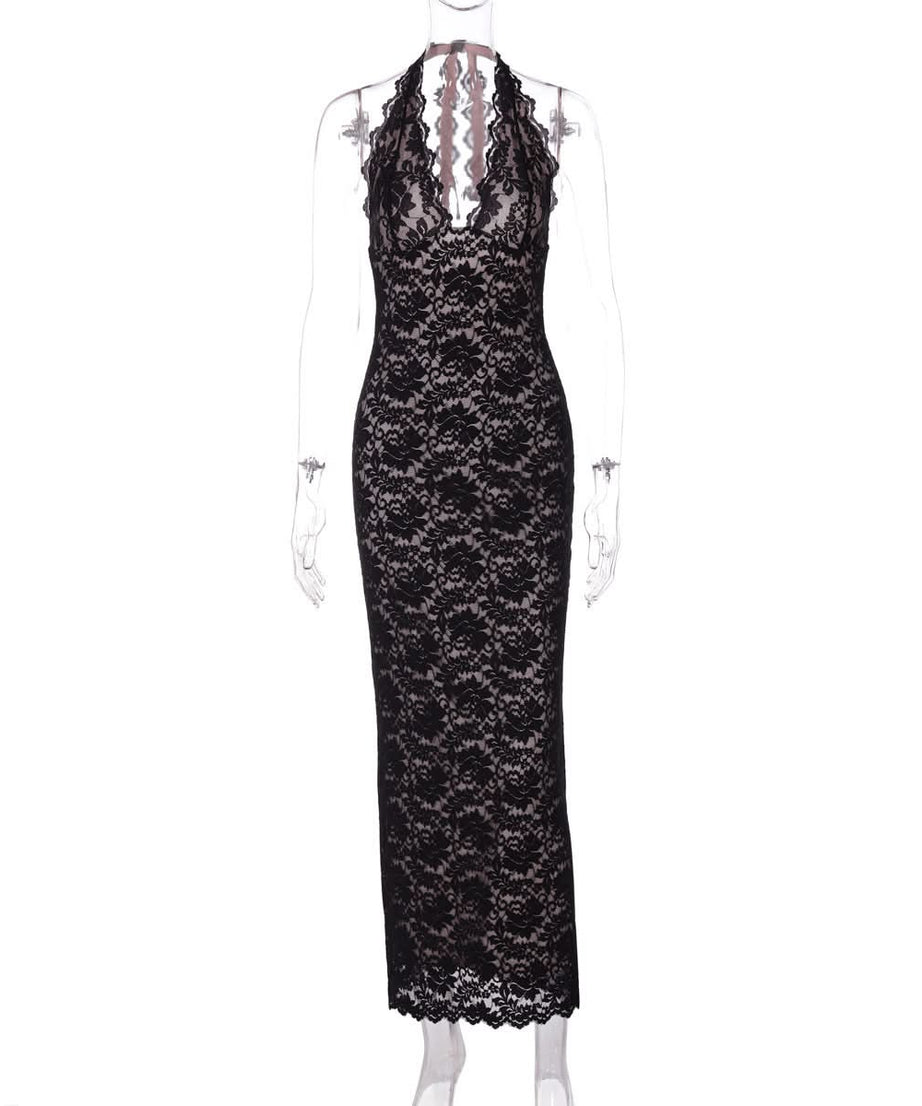 Sophisticated Black Lace Halter V-Neck Maxi Dress - Elegant Fall & Holiday Party Ready