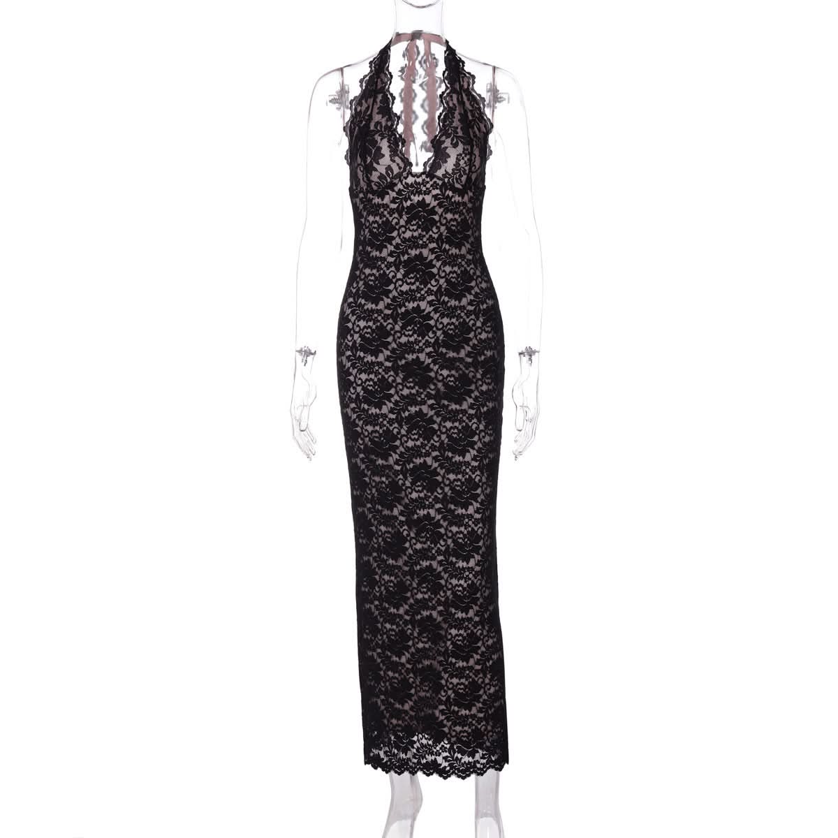 Sophisticated Black Lace Halter V-Neck Maxi Dress - Elegant Fall & Holiday Party Ready