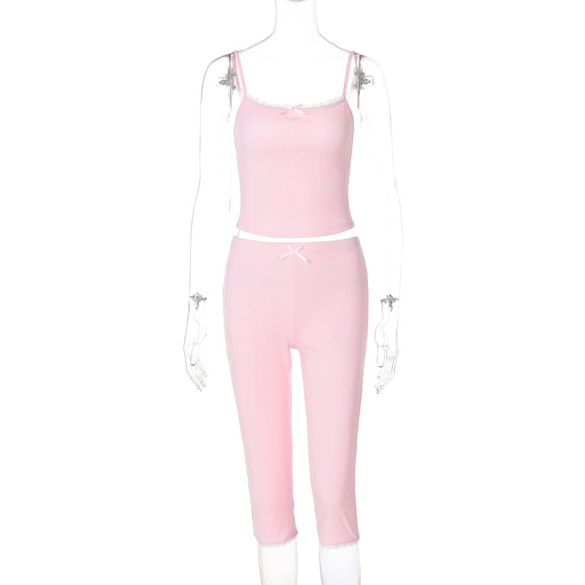 Dreamy Pink Ribbed Cami & Capri Loungewear Set | Cozy Fall Comfort with Lace & Bows