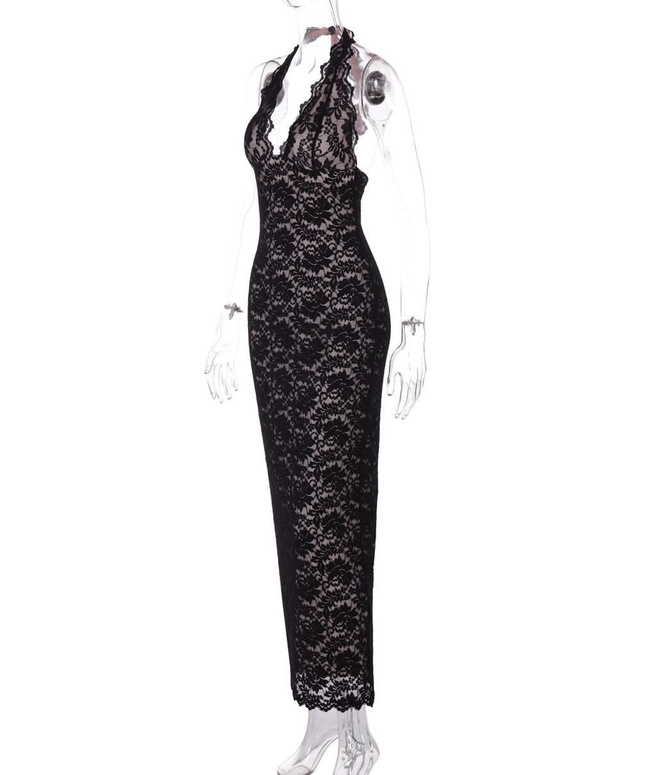 Sophisticated Black Lace Halter V-Neck Maxi Dress - Elegant Fall & Holiday Party Ready