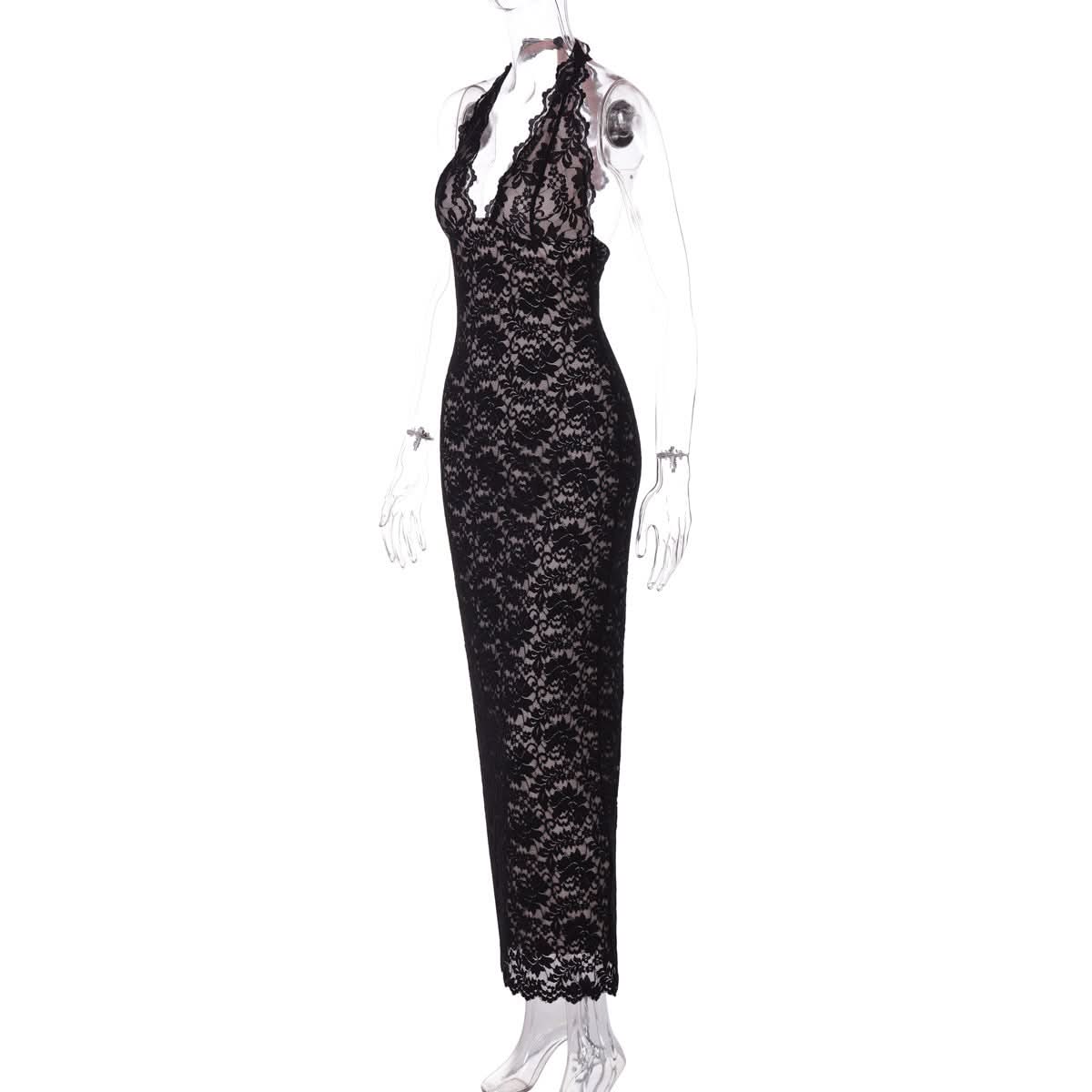 Sophisticated Black Lace Halter V-Neck Maxi Dress - Elegant Fall & Holiday Party Ready