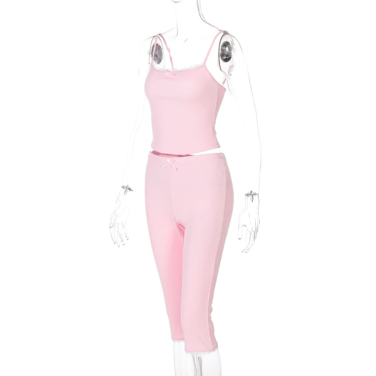 Dreamy Pink Ribbed Cami & Capri Loungewear Set | Cozy Fall Comfort with Lace & Bows