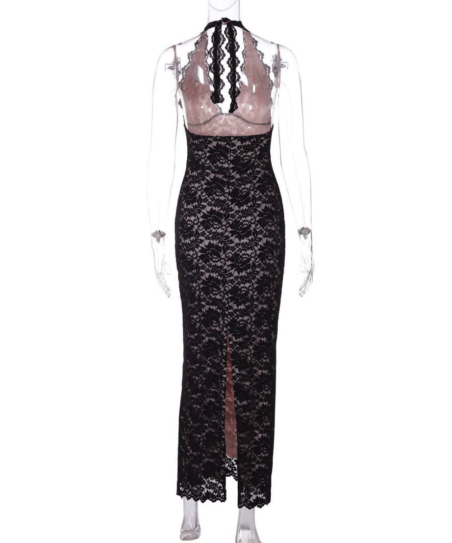 Sophisticated Black Lace Halter V-Neck Maxi Dress - Elegant Fall & Holiday Party Ready