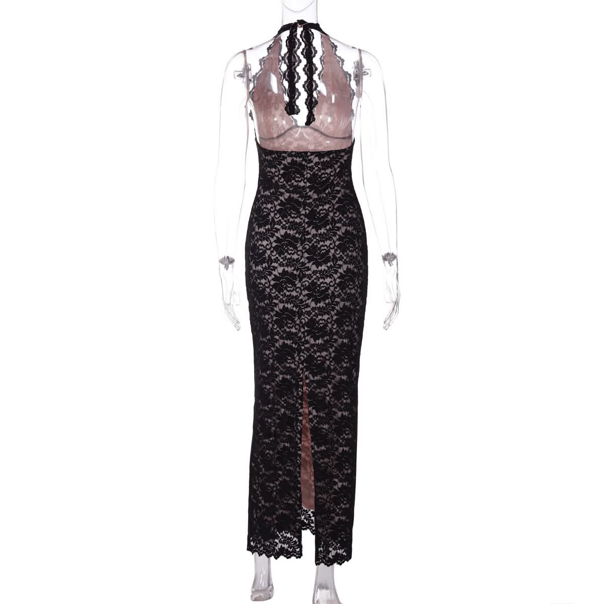 Sophisticated Black Lace Halter V-Neck Maxi Dress - Elegant Fall & Holiday Party Ready