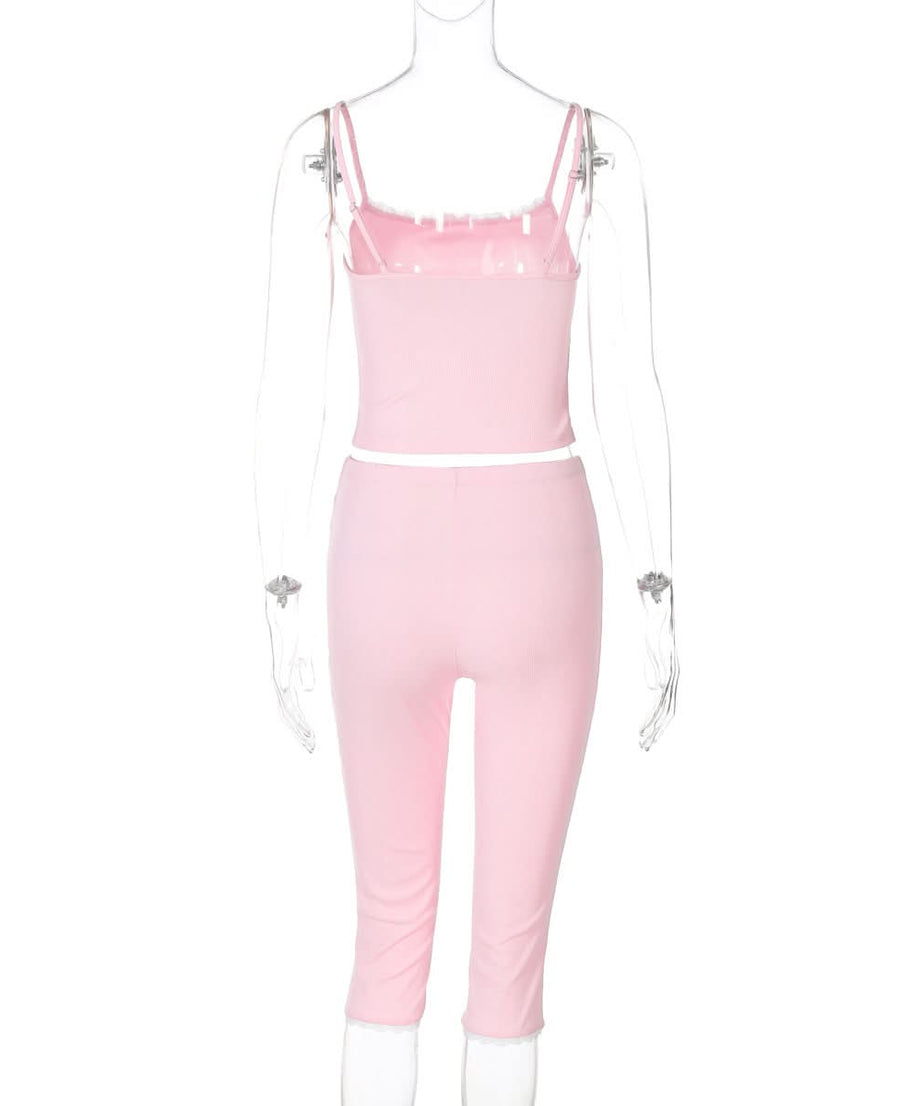 Dreamy Pink Ribbed Cami & Capri Loungewear Set | Cozy Fall Comfort with Lace & Bows
