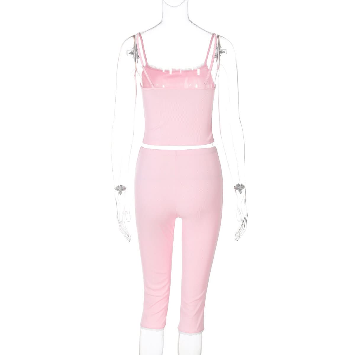 Dreamy Pink Ribbed Cami & Capri Loungewear Set | Cozy Fall Comfort with Lace & Bows