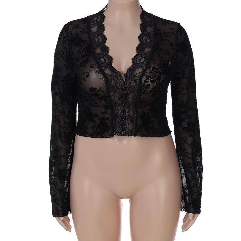 Alluring Black Velvet Floral Lace Sheer Cropped Top - Fall & Halloween Party Ready